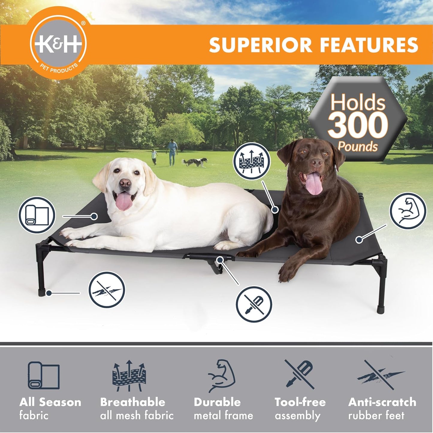 K&H Pet Products Outdoor Elevated Dog Cot, Breathable Cooling Elevated Cot Hammock Pet Bed for XL Dogs, Washable Mesh Cover, Raised Metal Frame, Collapsible, Portable - Jumbo 56 X 38in Charcoal