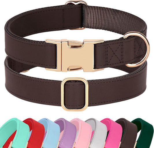 PET ARTIST PU Leather Dog Collar, Bright & Stylish Brown Dog Collar with Quick Release Gold Metal Buckle, Soft Nylon Padded Durable Pet Collars Adjustable for Small Dogs, Neck Fit 9-14"