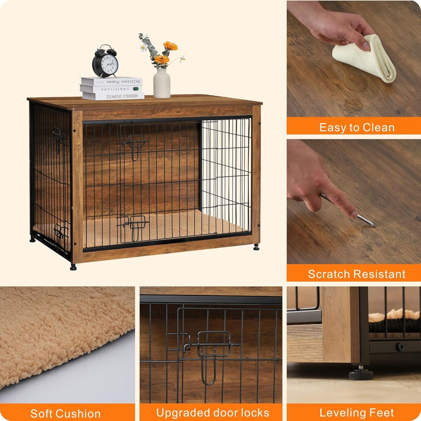 DWANTON Dog Crate Furniture with Cushion, Wooden Kennel Table with Double Doors, Indoor Dog House, Large Size, 38.5" L, Warm Brown