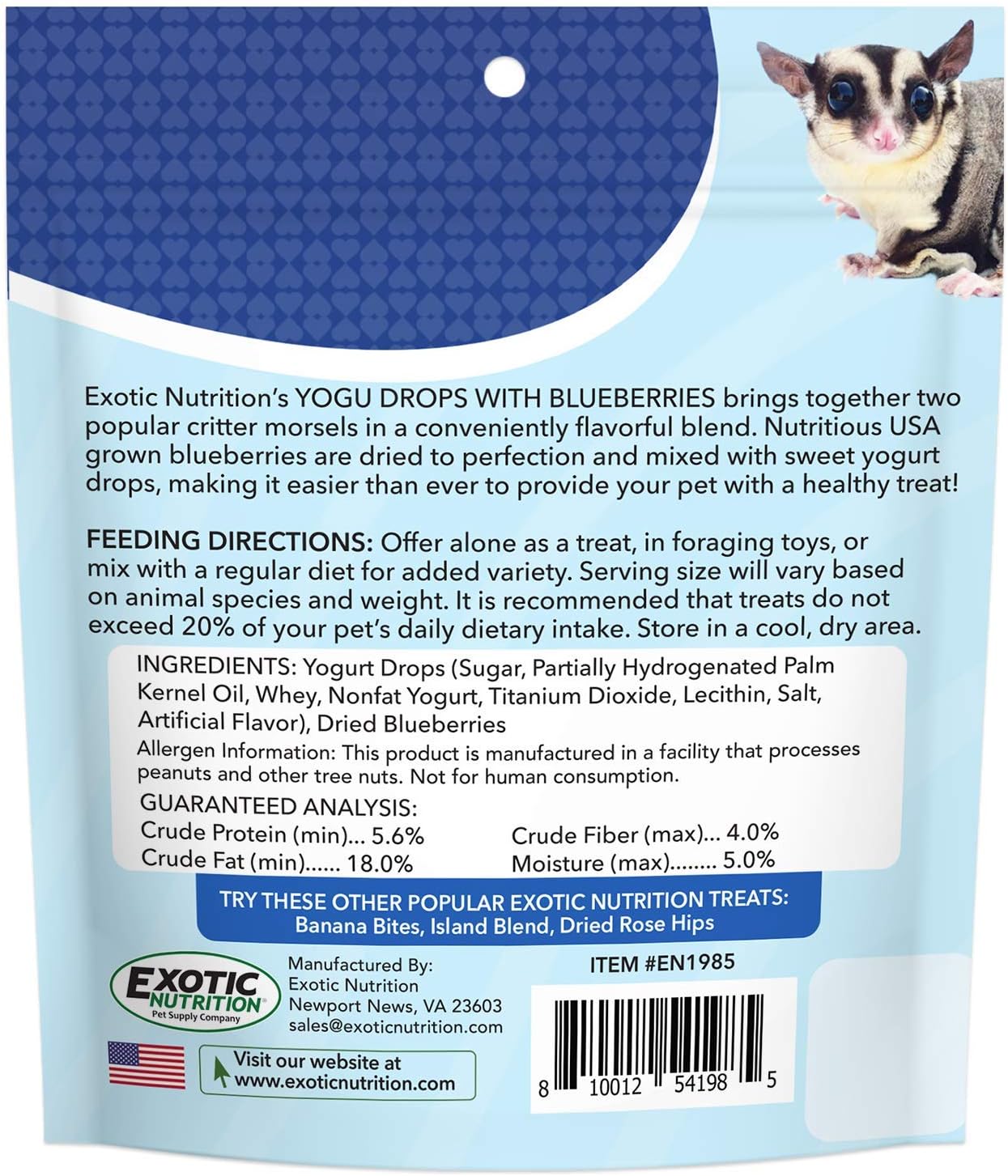 Yogu Drops With Blueberry - Healthy Natural Fruit & Yogurt Treat - For Sugar Gliders, Rats, Chinchillas, Ferrets, Parrots, Hamsters, Hedgehogs, Guinea Pigs, Rabbits & Small Pets (4.25 Ounce)