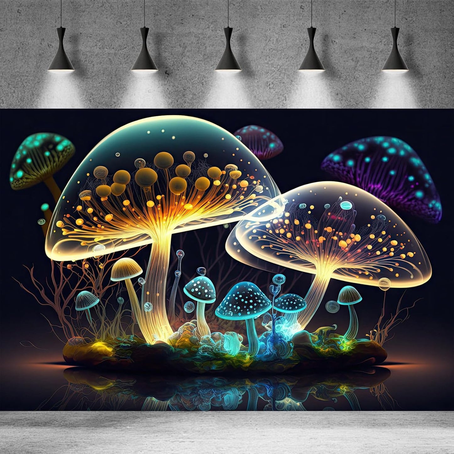 Mushroom Aquarium Background Abstract Glowing Fantasy Mushrooms Terrarium Background Mysterious Forest Magical Night In Circle Shape Crystal Glass Fish Tank Backdrop Decorations Vinyl 60x24in