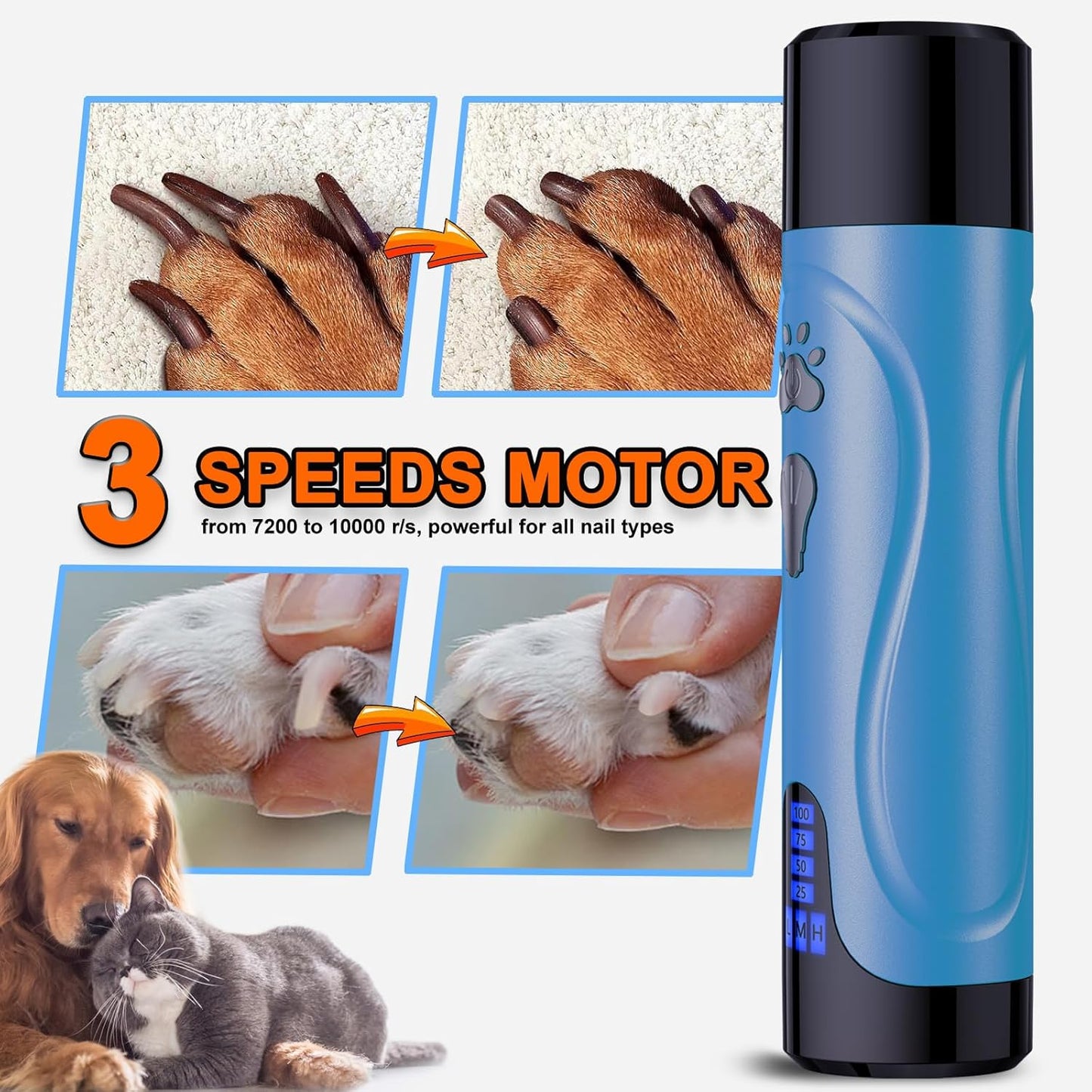 YABIFE Dog Nail Grinder, Dog Nail Trimmers and Clippers Kit, Super Quiet, Rechargeable, for Small Large Dogs Cats Toenail Claw Grooming,3 Speeds