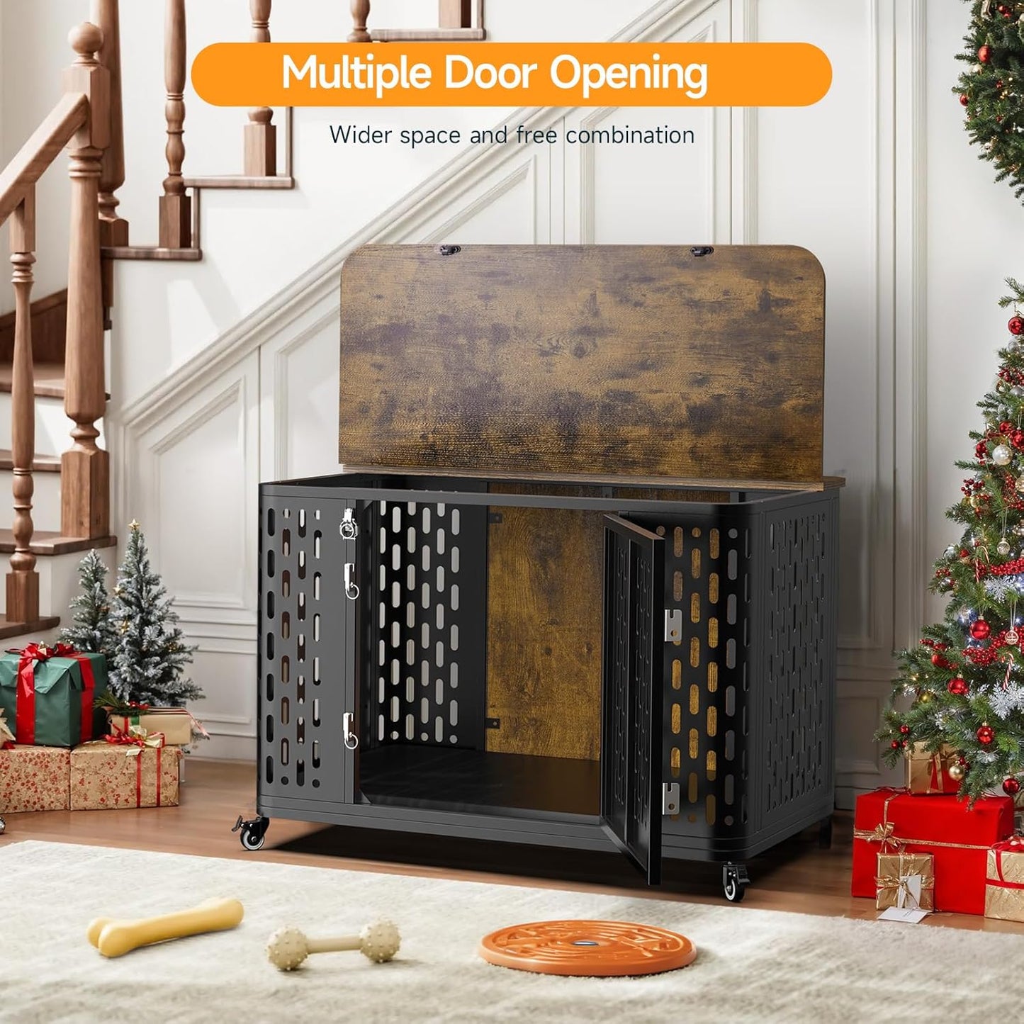 ONBRILL Dog Crate with Cushion, 38" Wood Heavy Duty Dog Crate Furniture with Flip Top & Wheels for High Anxiety Dog, Escape Proof Pet Cage for Small/Medium Dogs