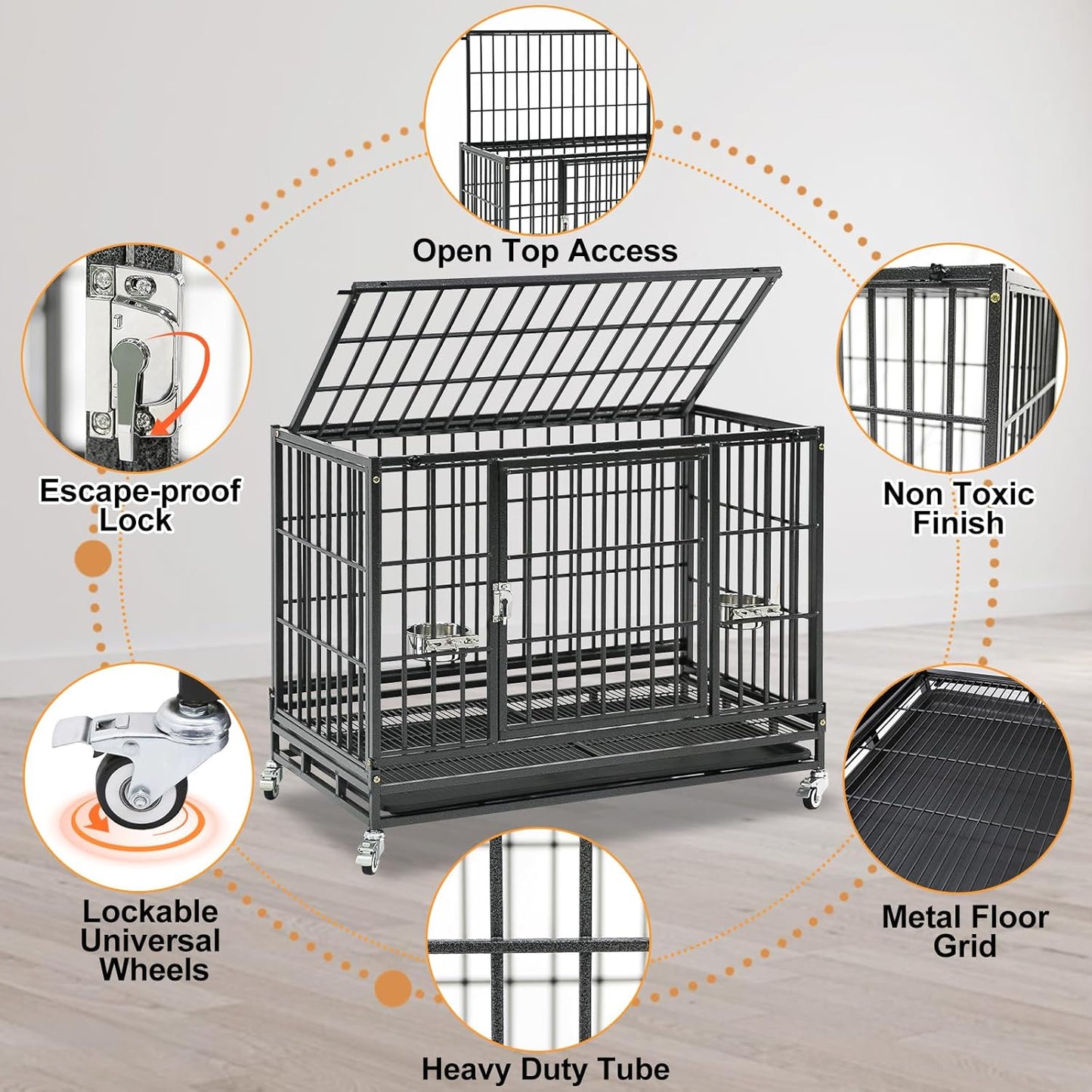 Homey Pet Three Levels 37 Inch Dog Crate 4 Pack, Escape Proof Dog Cage Kennel Indoor with Top Access and Lockable Wheels, Removable Tray, Heavy Duty Dog Crates for Medium/Small Dogs