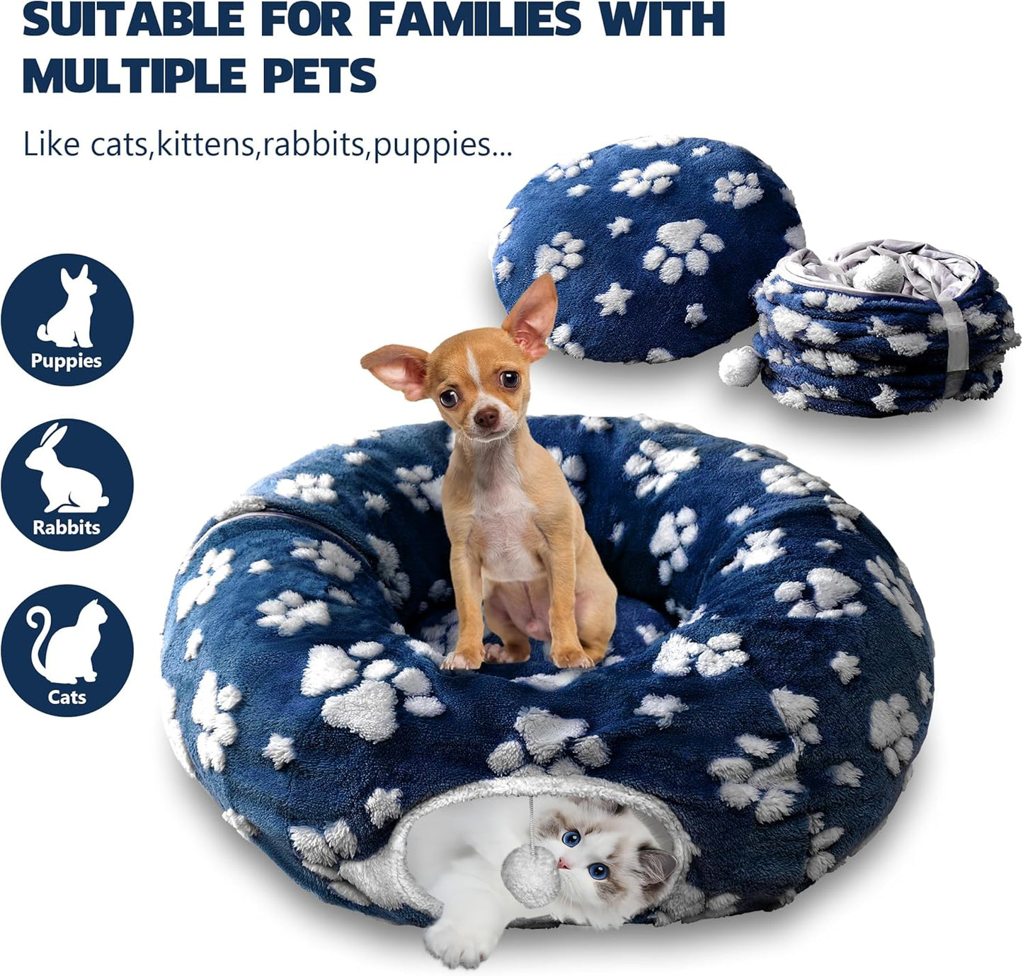 Cat Tunnel for Indoor Cats, Cute Peekaboo Cat Cave with Dangling Balls, Pet Donut Tunnel Bed with Circle Mat for Puppy Kitten Rabbit, Blue Paw