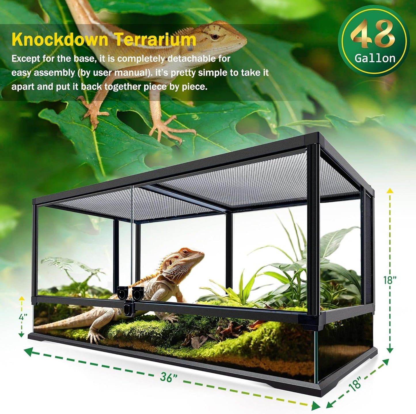 48 Gallon Professional Glass Terrarium 36"x18"x18" Durable Reptile Habitat Tank with Heat Resistant Aluminum Alloy Frame, Dual Front Swinging Doors for no Jam by Sand and Other Debris