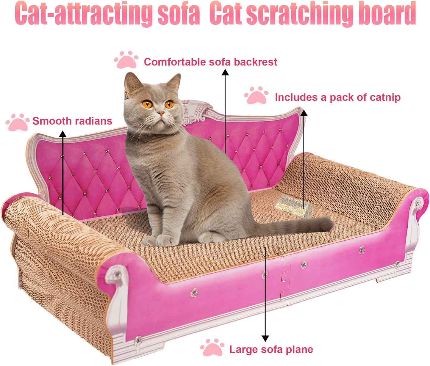 Scratching Sofa, Couch Shaped Thick Scratching Cardboard, Lounge Bed for Indoor Rest&Play, Sofa Scratcher Pad (Pink, 27.6" L X 12.4" W X 11.8" H)