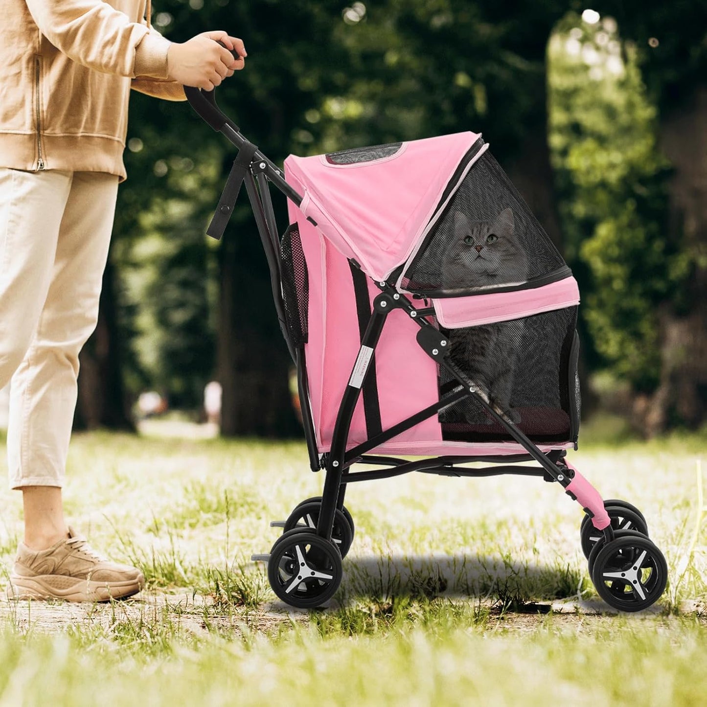 Magshion Compact Pet Stroller for Small-Medium Dogs/Cats up to 22lbs, 4-Wheel Lightweight Umbrella Shaped Portable Puppy Travel Jogger with Breathable Mesh & Rear Storage, Pink