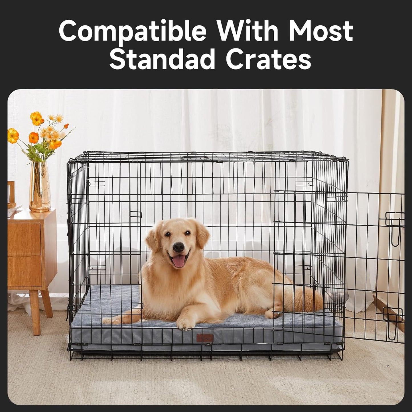 OhGeni Orthopedic Waterproof & Machine Washable Dog Bed for Large Pets, Suitable for Crates, 25D Egg Crate Foam, Non-Slip Bottom & Removable Cover, Flannel Fabric, 41 Inches(Gray)