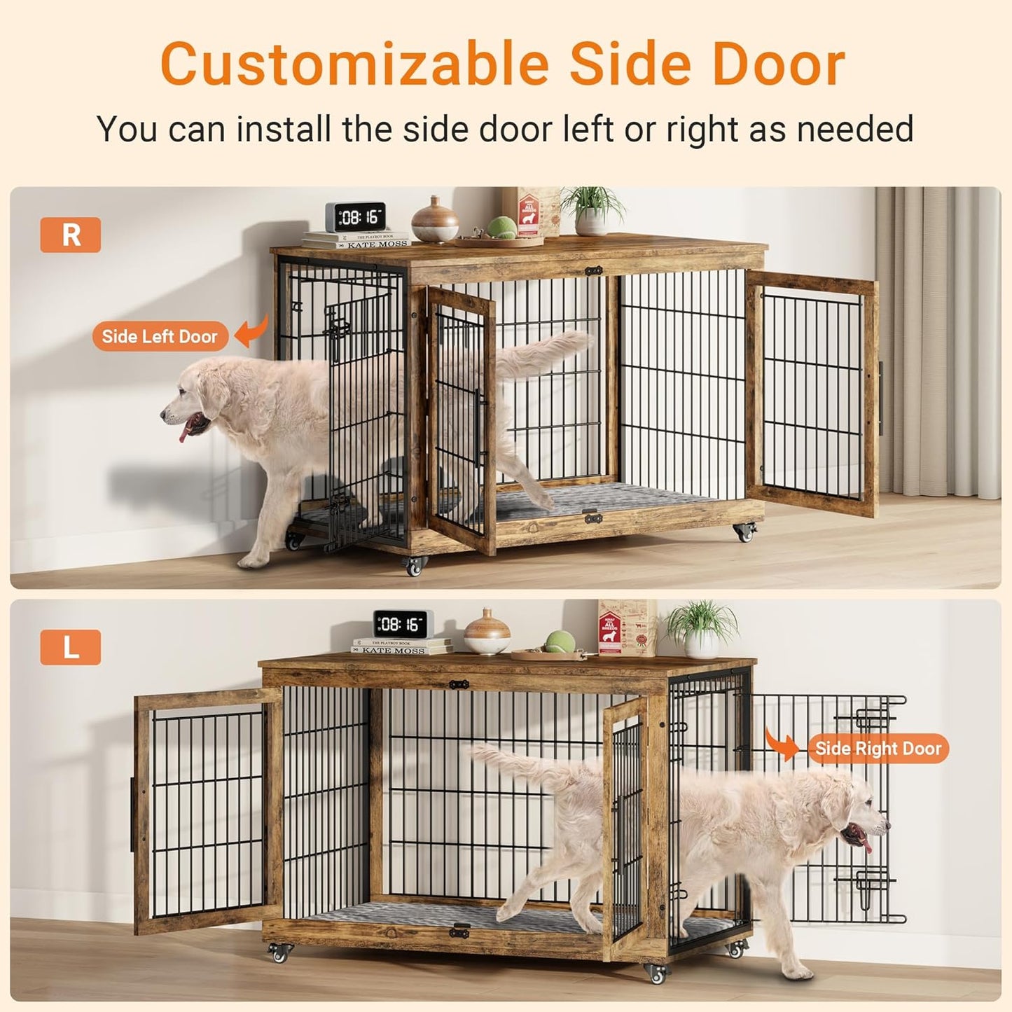 Lulive Dog Crate Furniture, XL Wooden Dog Kennel Indoor Double Doors Dog Cage, 44'' Heavy Duty Dog Crate with Cushion & Wheels, Decorative End Table Pet House Chew-Resistant for Large Dogs, Brown