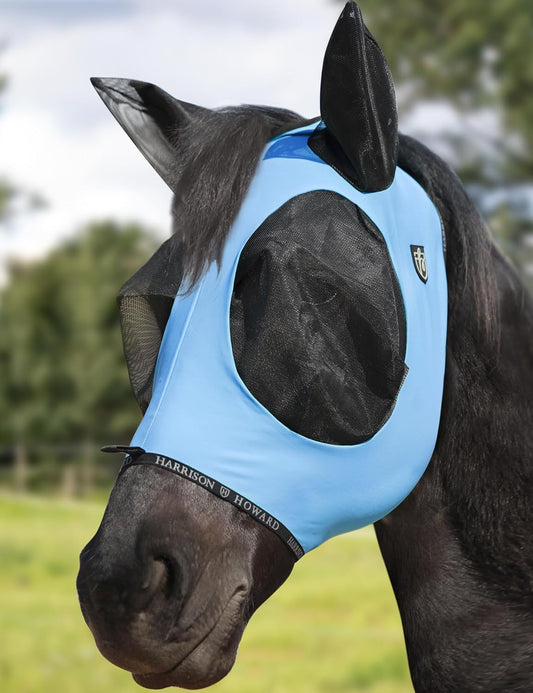 Harrison Howard Horse Fly Mask with Forelock Opening Stretch Breathable and Comfortable for Horses UV -Protection Ice Blue L
