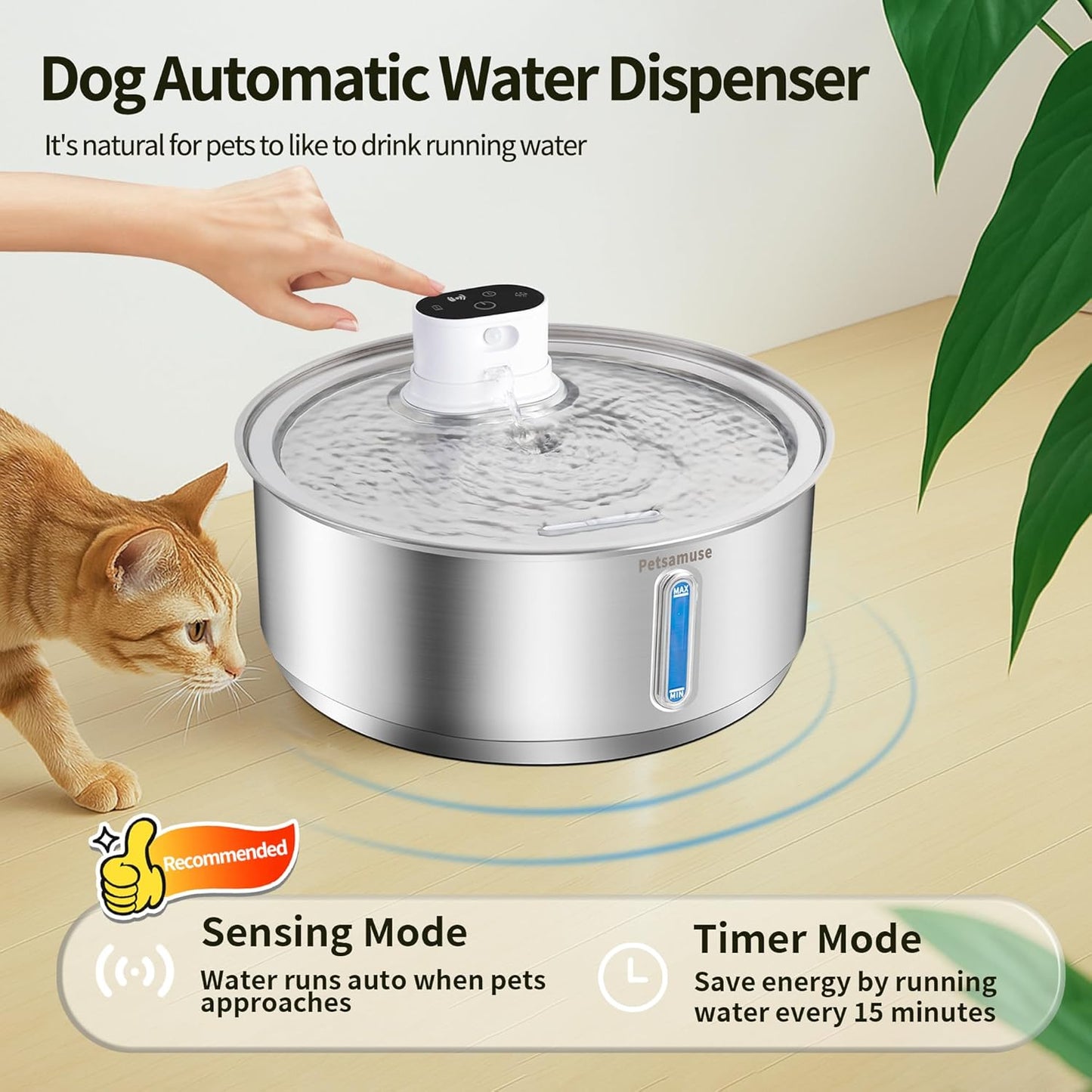 Stainless Steel Dog Water Fountain, 2.1Gal/8L Wireless Battery Operated Large Dog Water Bowl Dispenser Motion Sensor Water Fountain Dog Bowl Inside with 13 Filters and 2 Ultra Quiet Pumps