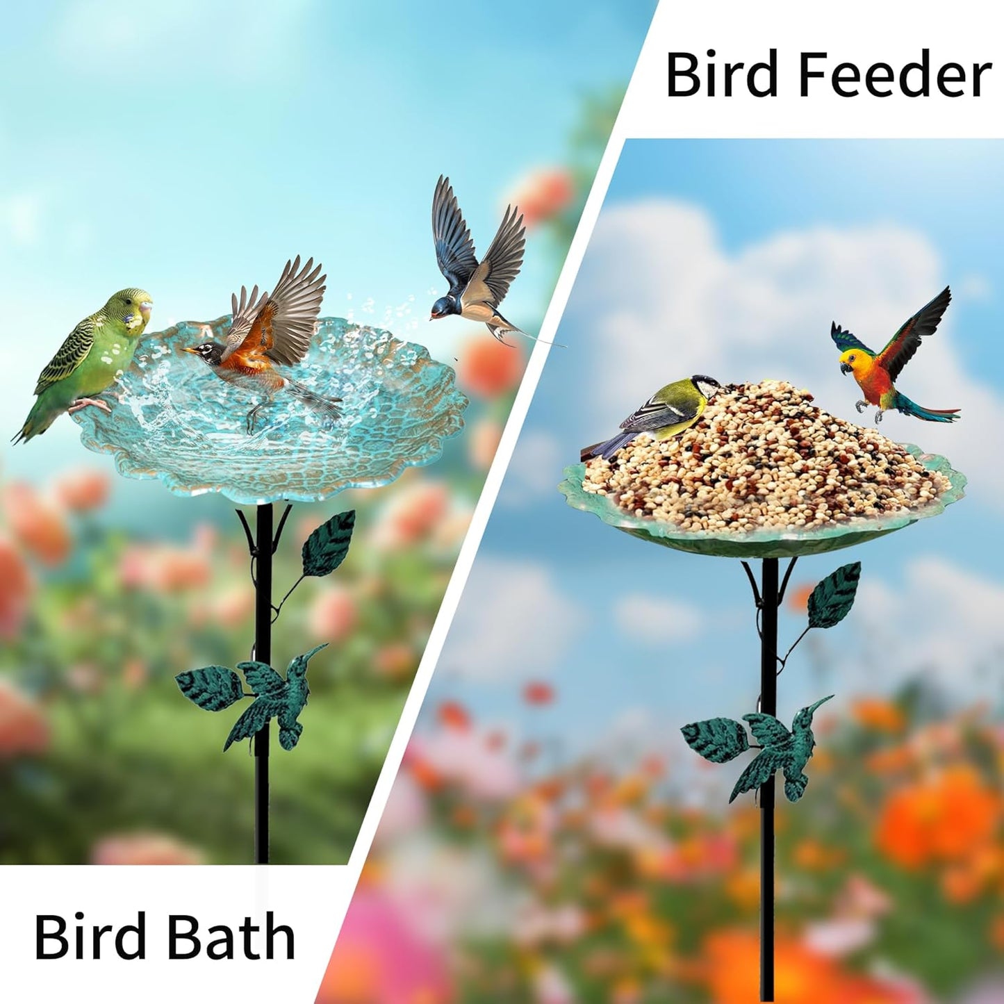 Bird Bath for Outside, Metal Birdbath Freestanding Bird Bath & Birdfeeder with 3-Pronged Base, Using for Outdoors Garden Patio Yard, Green