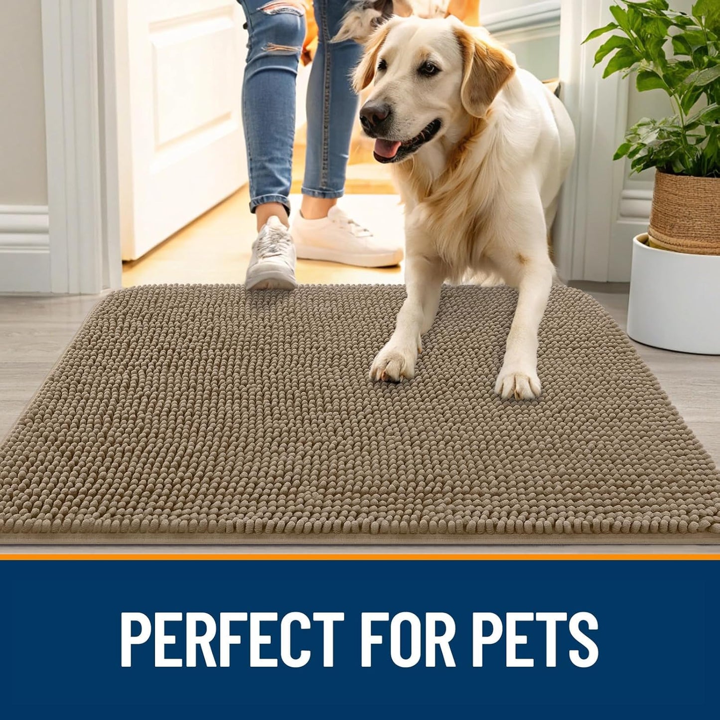 OLANLY Dog Door Mat for Muddy Paws 59x20, Absorbs Moisture and Dirt, Absorbent Non-Slip Washable Doormat, Quick Dry Chenille Mud Mat for Dogs, Entry Indoor Entryway Carpet for Inside Floor, Tan