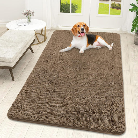 OLANLY Dog Door Mat for Muddy Paws 59x32, Absorbs Moisture and Dirt, Absorbent Non-Slip Washable Doormat, Quick Dry Chenille Mud Mat for Dogs, Entry Indoor Entryway Carpet for Inside Floor, Tan