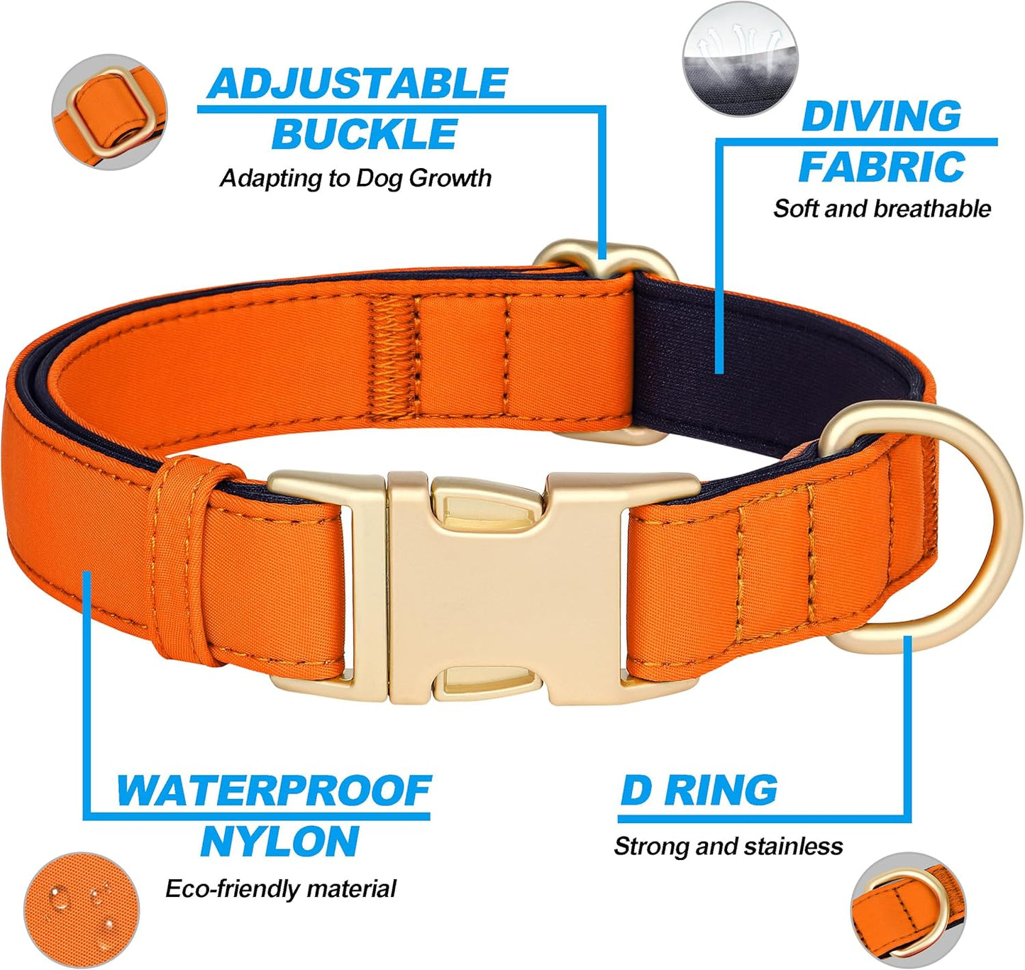 Didog Soft Padded Dog Collar for Large Dogs, Colorful and Durable Pet Collar with Quick Release Buckle, Light and Breathable for Daily Walking, Orange, L