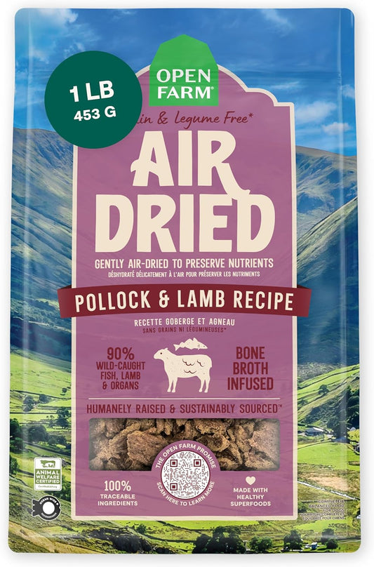 Open Farm, Air Dried Dog Food Infused with Bone Broth, Grain & Legume Free, Complete Meal or Food Topper, Pollock & Lamb Recipe, 1lb Bag
