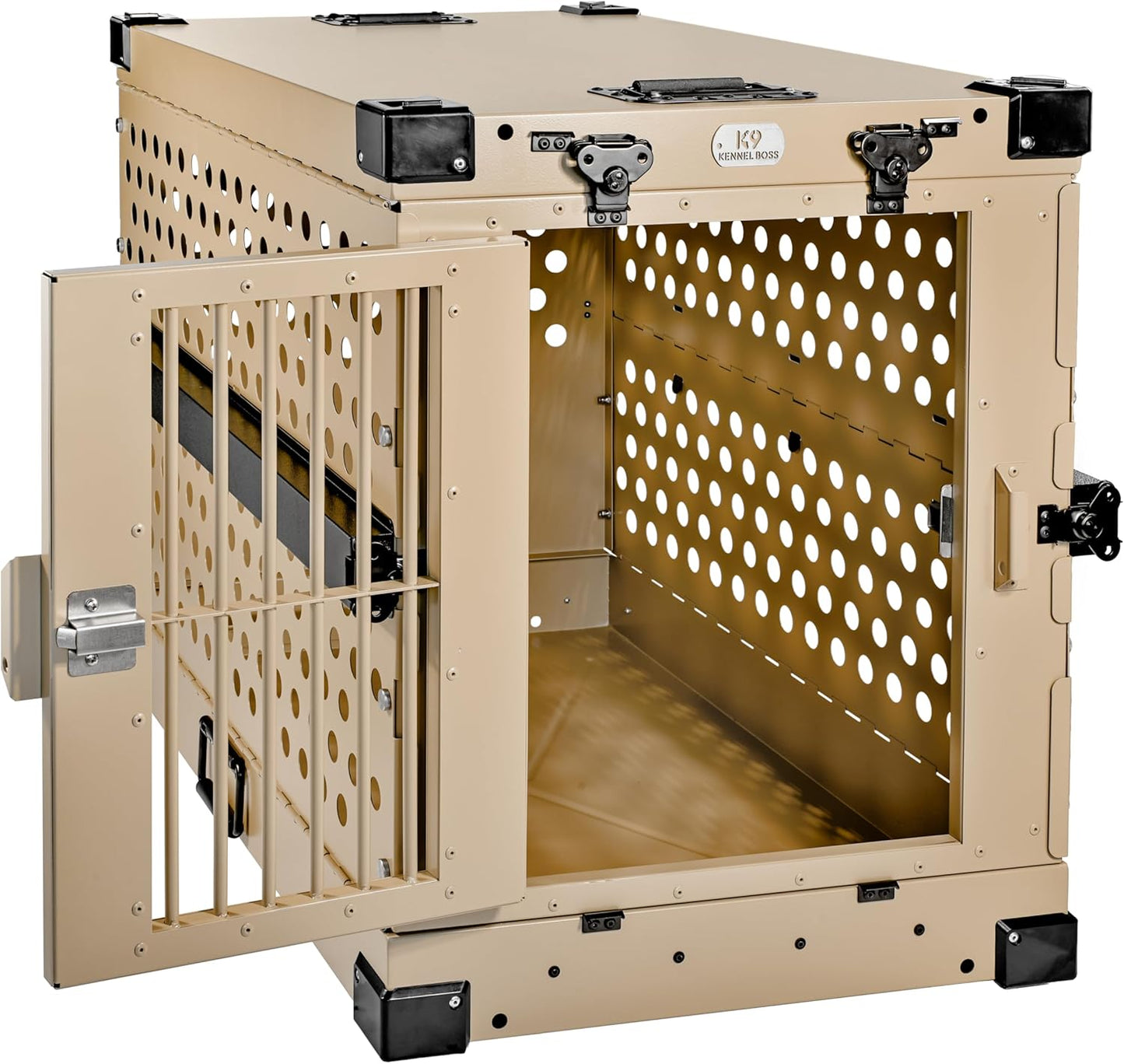 Heavy Duty Fully Collapsible Powder-Coated Aluminum Dog Crate - Medium (Tan)
