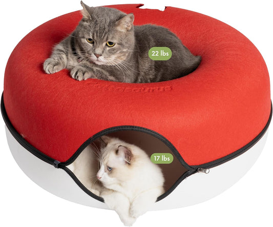 CATTASAURUS Peekaboo Cat Cave for Multiple & Large Cats Up to 30-45 Lbs, Scratch Detachable & Washable Tunnel Bed, Comfy Donut Cat Cave (Ruby Snowball, Large)