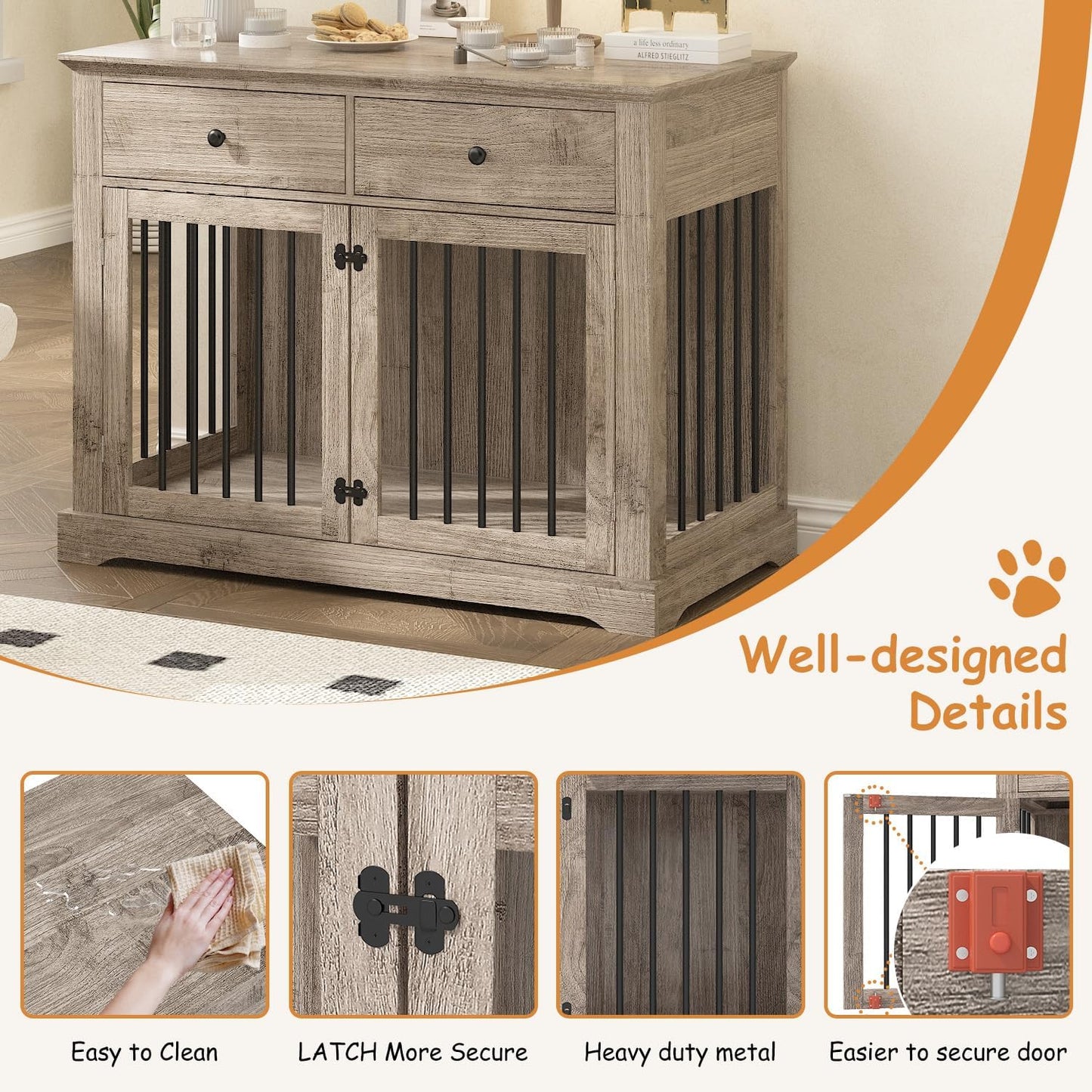 Dog Crate Furniture, 44 Inch Wooden Dog Kennel Indoor with 2 Storage Drawers, Heavy Duty Large Crate Furniture, Decorative End Table Cage Furniture for Small/Medium/Large (Grey)