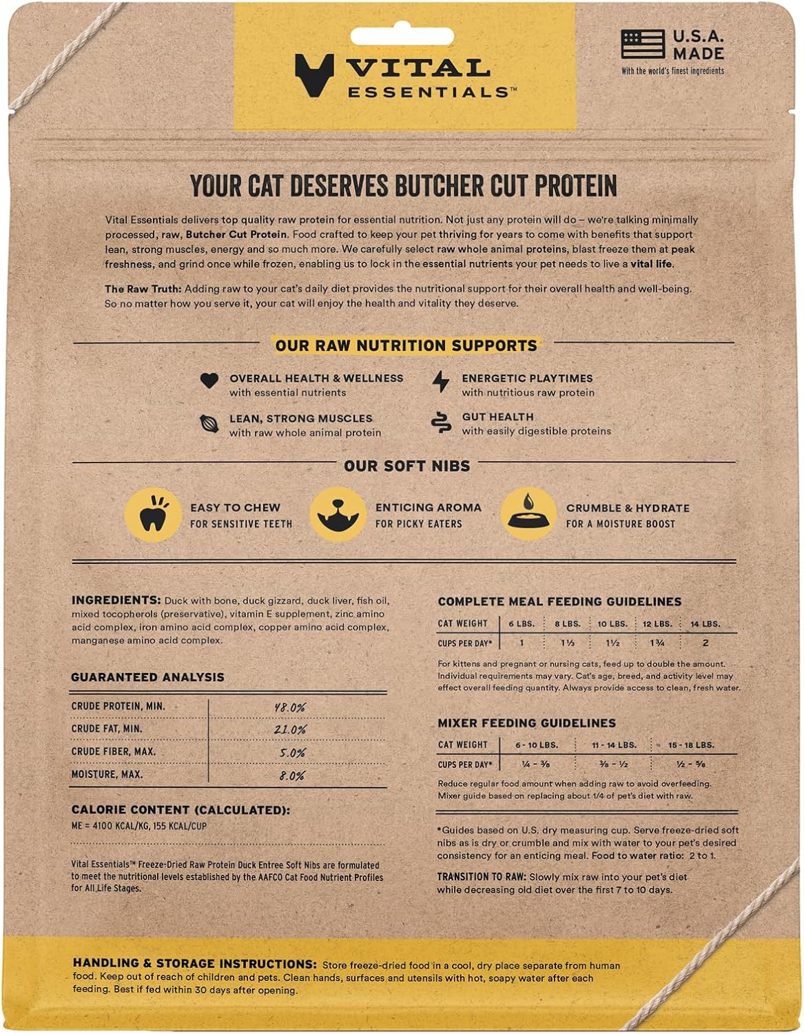 Vital Essentials Freeze-Dried Raw Duck Meal or Mixer Cat Food Soft Nibs | 99% Duck, Organs & Bone | 12 oz