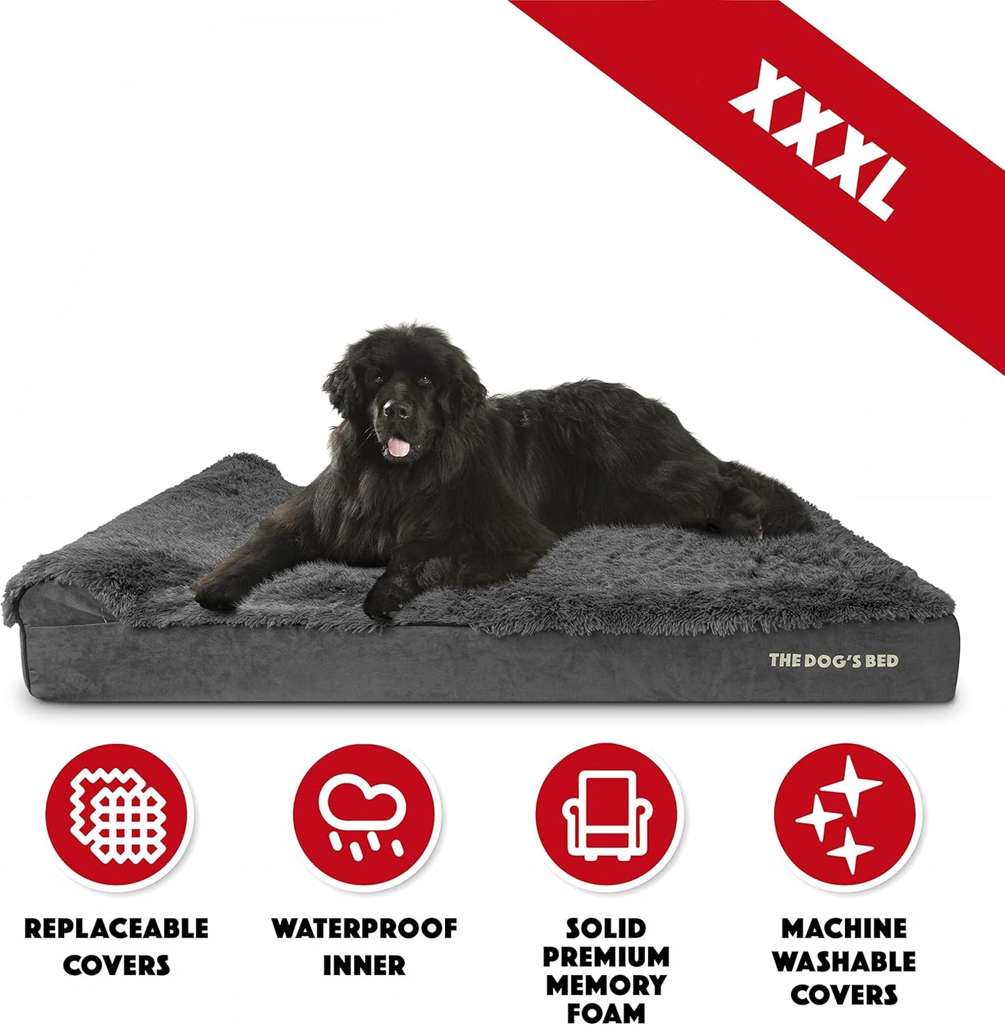 The Dog’s Bed Orthopedic Headrest Dog Bed XXXL Fur Grey 64x44, Memory Foam, Pain Relief for Arthritis, Hip & Elbow Dysplasia, Post Surgery, Lameness, Supportive, Waterproof Washable Cover