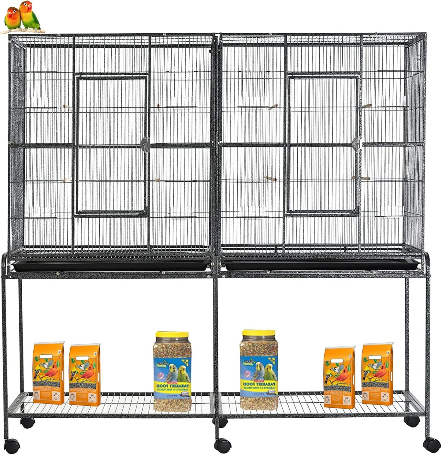 54" Large Double Breeding Flight Bird Wrought Iron Double Parrot Bird Cage Slide Out Center Divider Side Nesting Doors Cockatiel Conure Removalbe Rolling Stand
