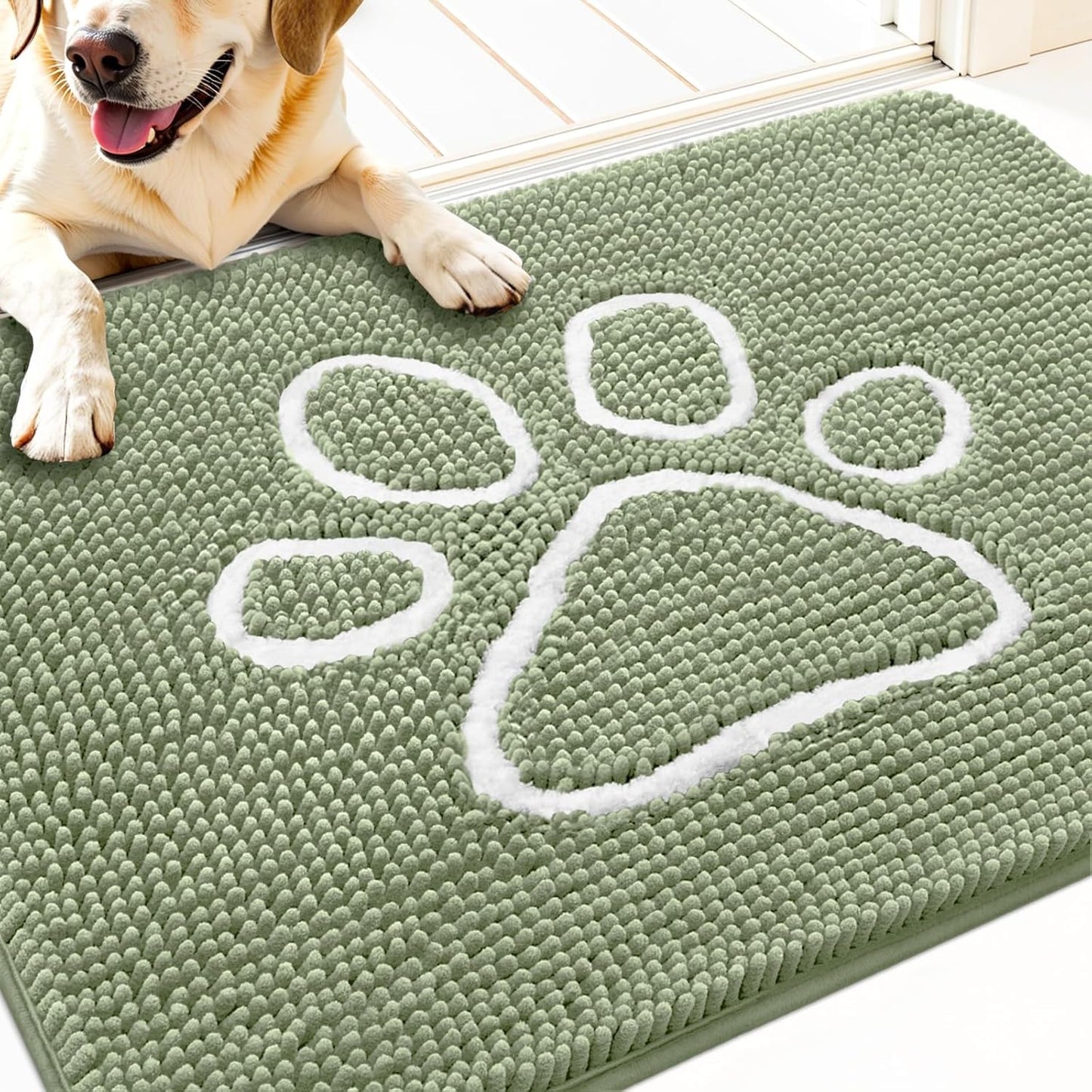 OLANLY Door Mat for Muddy Dog Paws 30x20, Ultra Absorbent Chenille Mud Doormat with Paw Print Design, Non-Slip Washable Doormat for Indoor Entryway, Quick-Dry Pet Bed Mats for Dirty Dogs, Sage Green