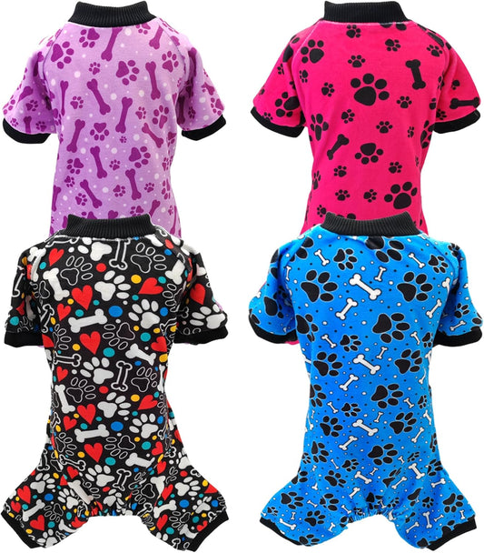 PET SHOW 4 Pack Small Dog Pajamas Paw Bone Patterns Cute Clothes for Medium Dogs Soft Fleece Stretchy PJs 4 Legged Jumpsuit Puppy Cats Onesies Outfits with Sleeve Dachshund Doggies Girl Boy (Small)