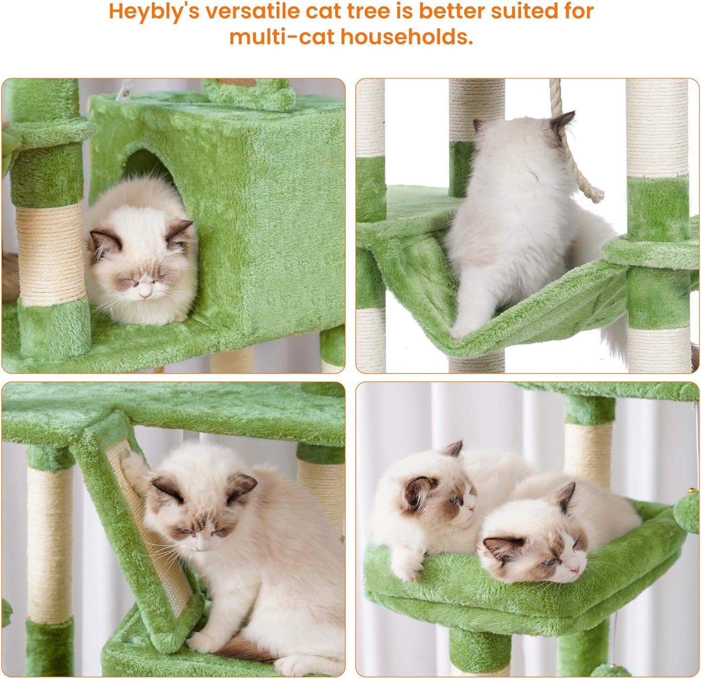 Heybly Cat Tree, 68 inch Multi-Level Cat Tower for Indoor Cats, 2 Widened Plush Perches Cat Condo with Scratching Board and Big Caves, Green HCT025GR