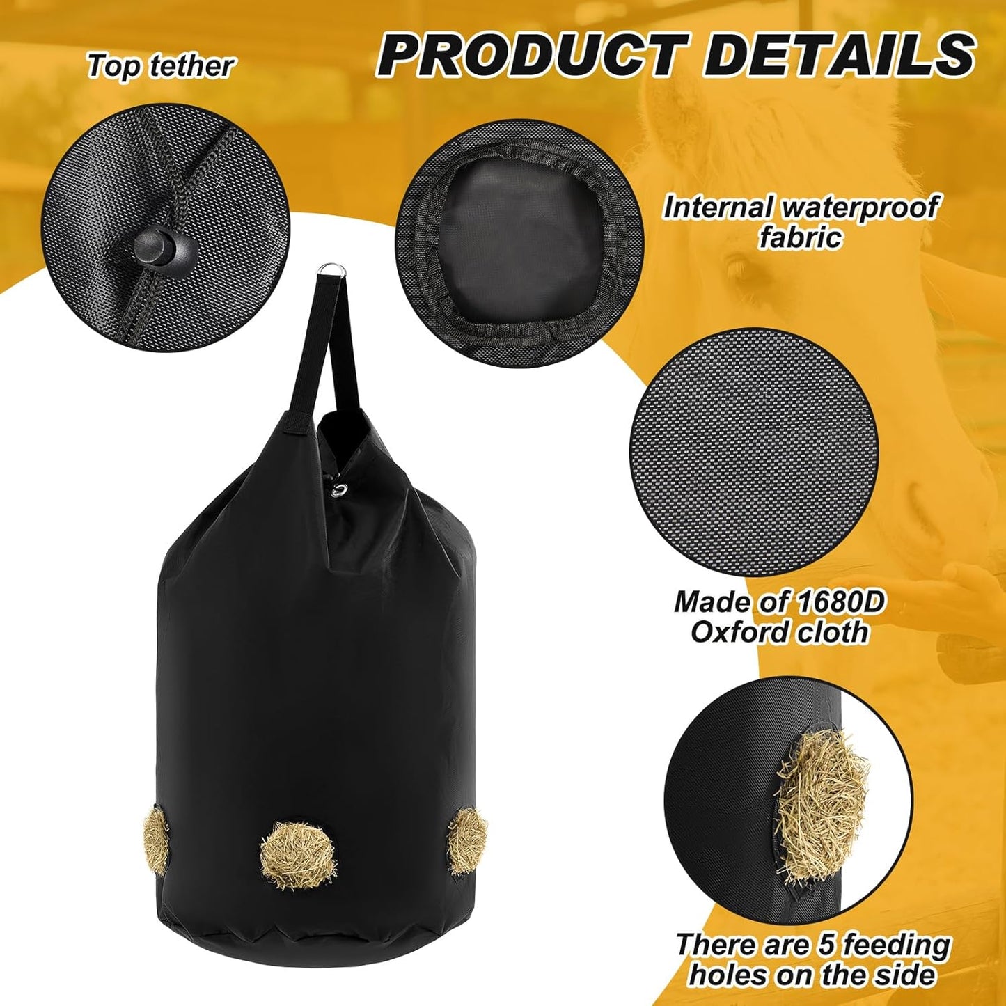 2 Pcs hay Bags for Horses Goats Slow Feed 1680D Oxford Bag Black Large Capacity Net Open Feed Hole Hay Holder for Horse Goats Sheep(5 Holes)