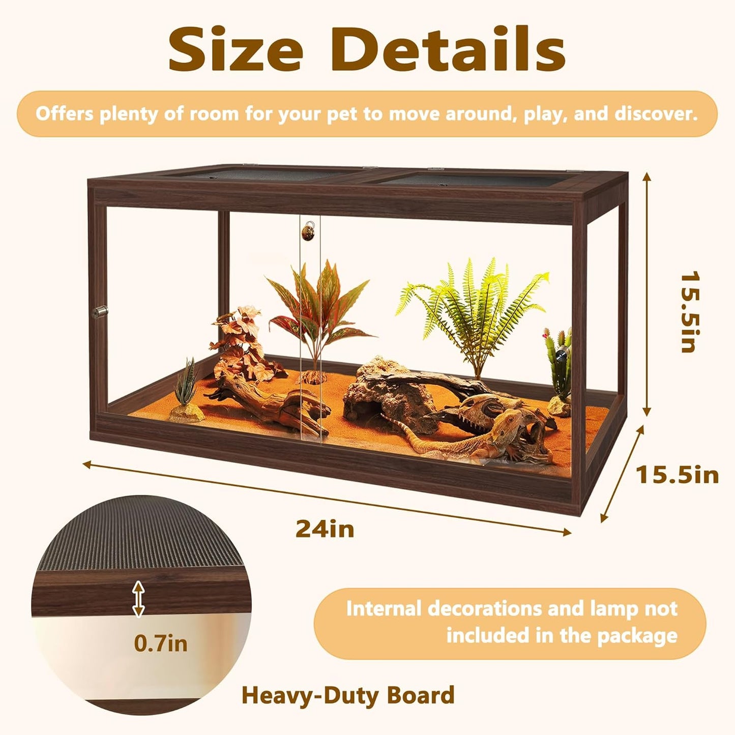 PROLEE Bearded Dragon Tank,27 Gallon Reptile Tank with Meatl Mesh Roof and Front Sliding Door, Anti-Scratch Lizard Tank,Spacious Reptile Enclosure for Snakes,Lguanas, Chameleons(Walnut)