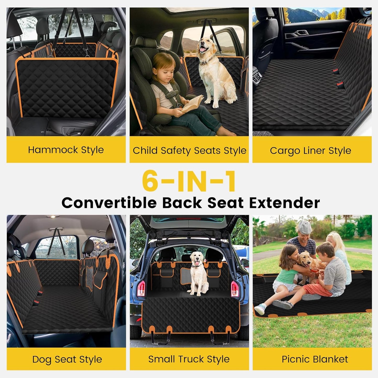 Back Seat Extender for Dogs - Holds 450lbs, Waterproof Dog Car Seat Cover for Back Seat with Hard Bottom for Cars SUVs Truck,Anti-Scratch No Slip Large Space Pet Backseat Protector,Black Orange