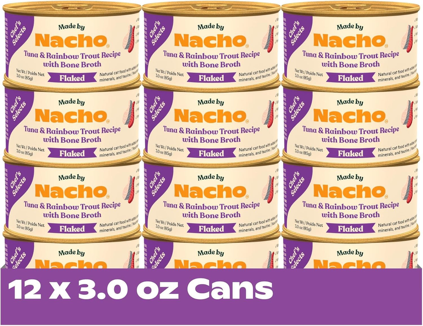 Made by Nacho Flaked Filets Recipe in Bone Broth, Grain-Free Chef's Selects Wet Food for Cats Balanced Diet in Naturally Hydrating Pumpkin-Infused Broth (3.0 oz (Pack of 12), Tuna & Rainbow Trout)