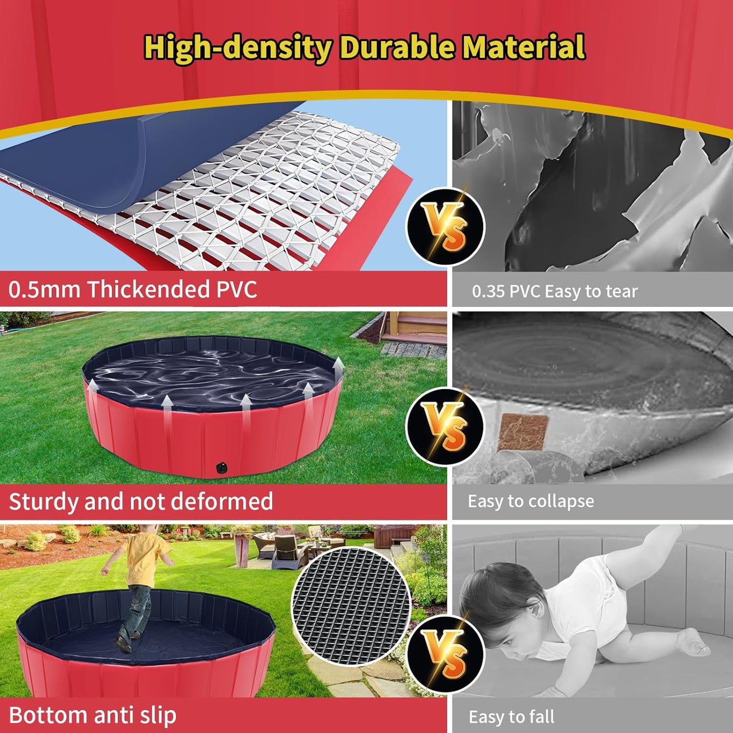 Foldable Dog Pool, 39" x 12" Kiddie Pool with Hard Plastic, Non-Slip Dog Bath Tub for Outdoor Backyard, Collapsible Dog Swimming Pool for Kids Dogs Pets (Red)