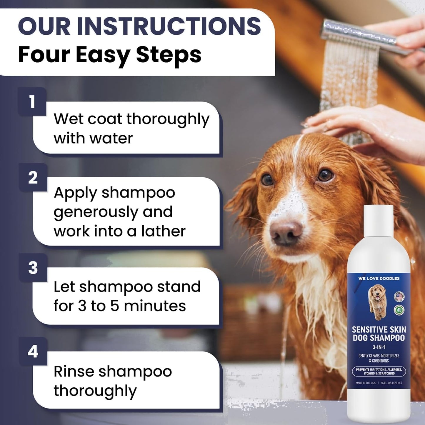Premium 3-in-1 Sensitive Skin Dog Shampoo, Great for Allergies, Itching, Scratching, Anti-Itch Shampoo for Dogs with Oatmeal & Aloe, Made in USA, Natural Ingredients, 16 oz [We Love Doodles]