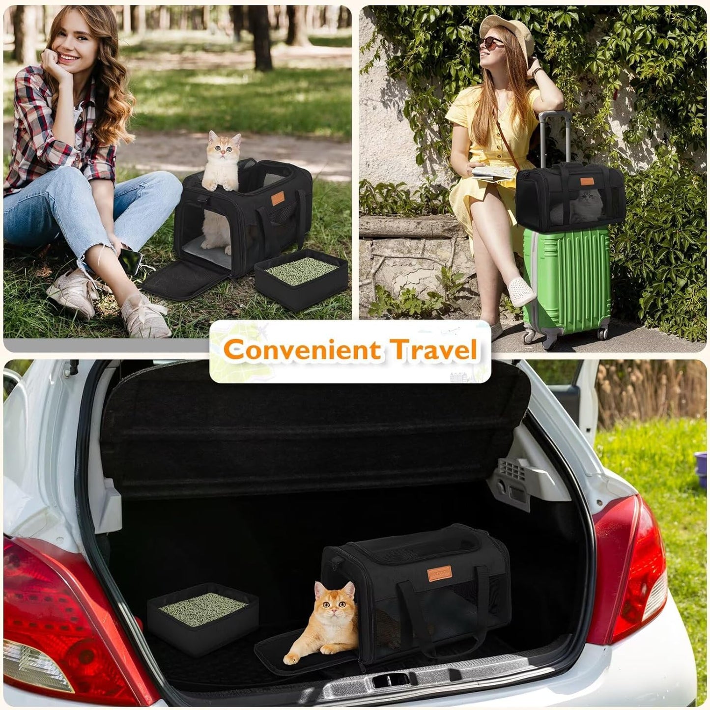 PETUX Pet Carrier Airline Approved, 17"x11"x9.5" Cat Carrier Soft with Anti-Scratch Mesh for Small Cats up to 12 lb, Top Open Portable Dog Carriers with Little Box for Puppy up to 10 lb (Black)