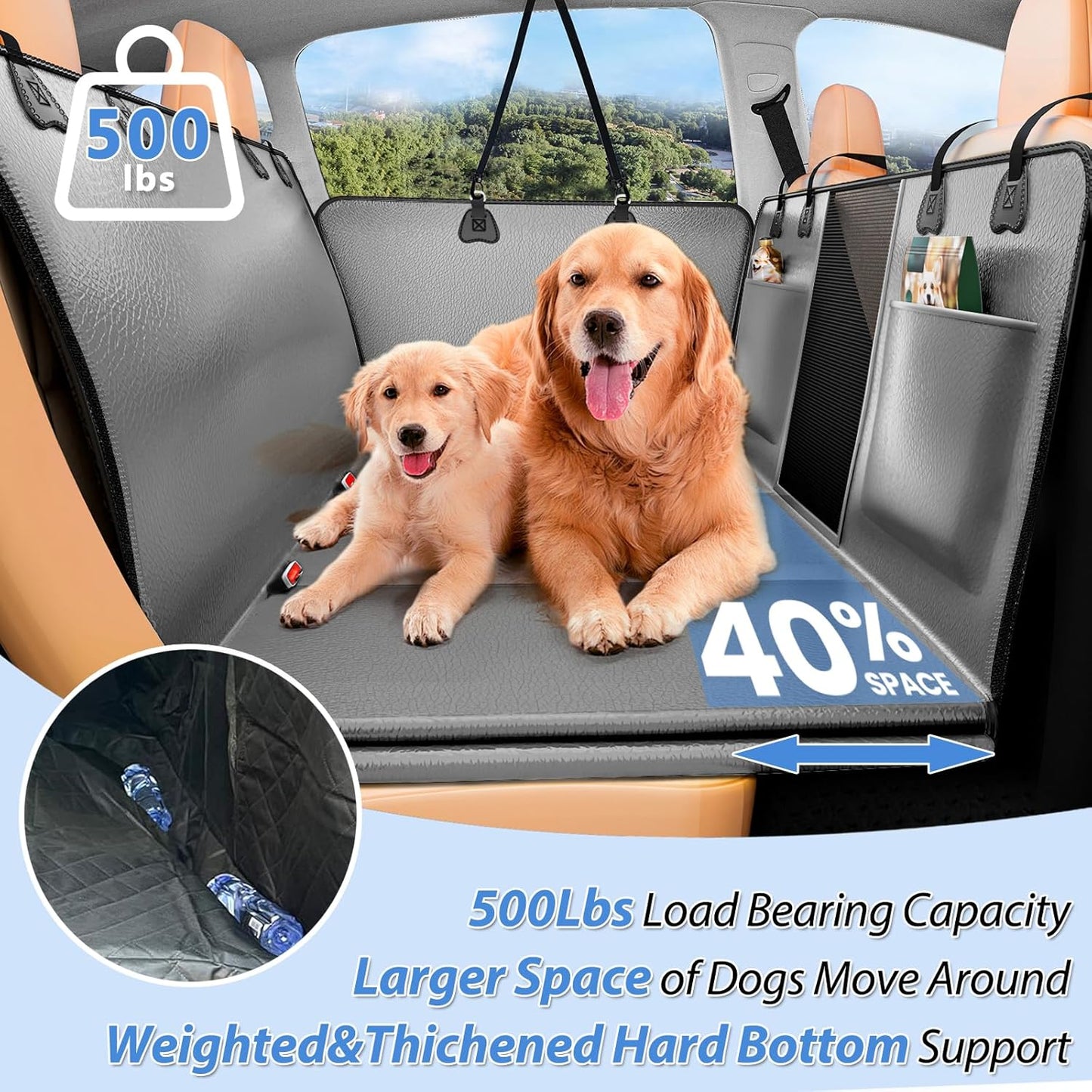 Hard Bottom Dog Car Seat Cover for Back Seat – Waterproof Nonslip Hammock Extender for Trucks & SUVs, Heavy Duty Pet Protector, Gray Faux Leather