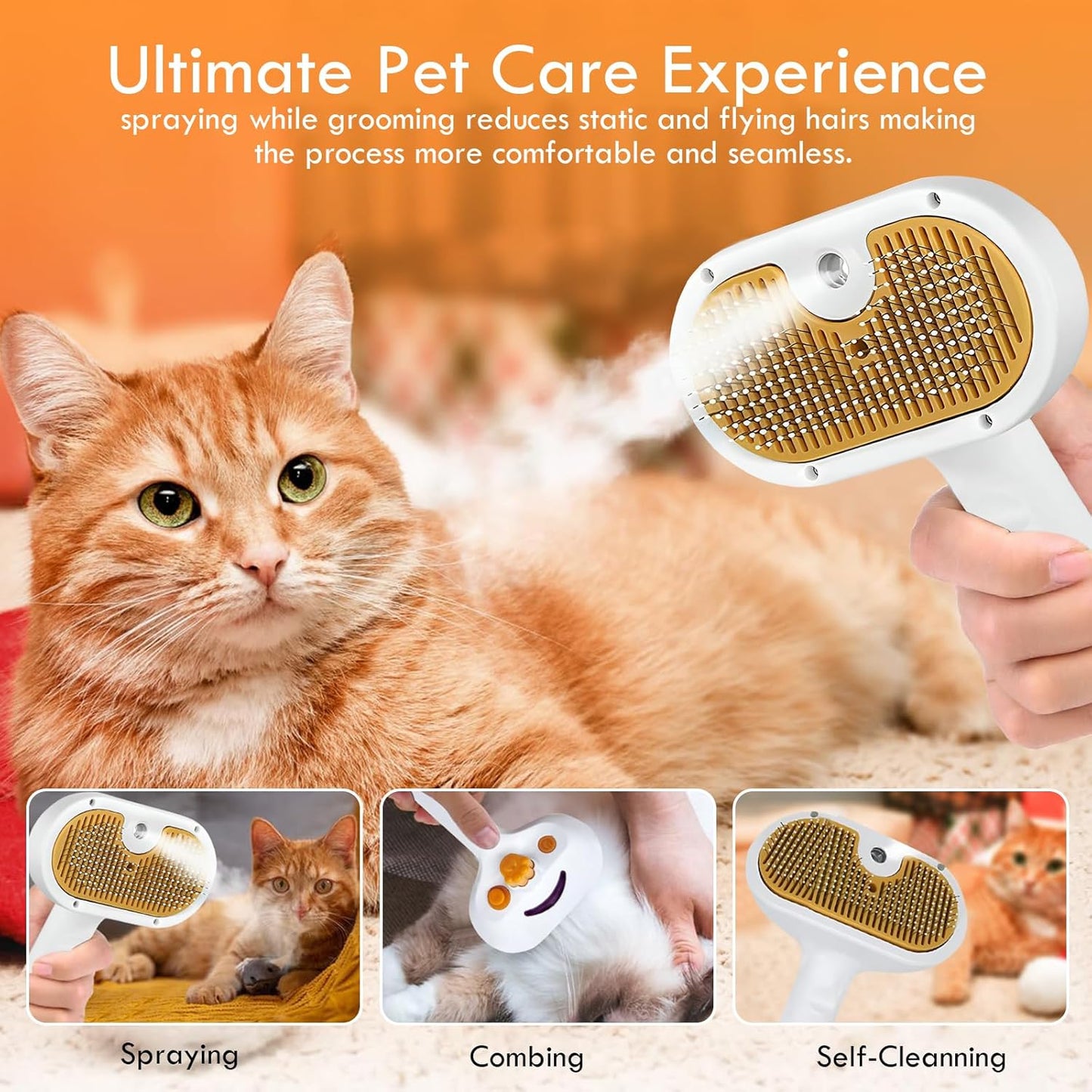 Pet Steam Brush for Dog & Cat, 3-in-1 Spray Hair Removal Comb, Steam for Shedding & Grooming, Water Brush for Long & Short Haired Pets, Defur Comb, Includes Waterless Shampoo