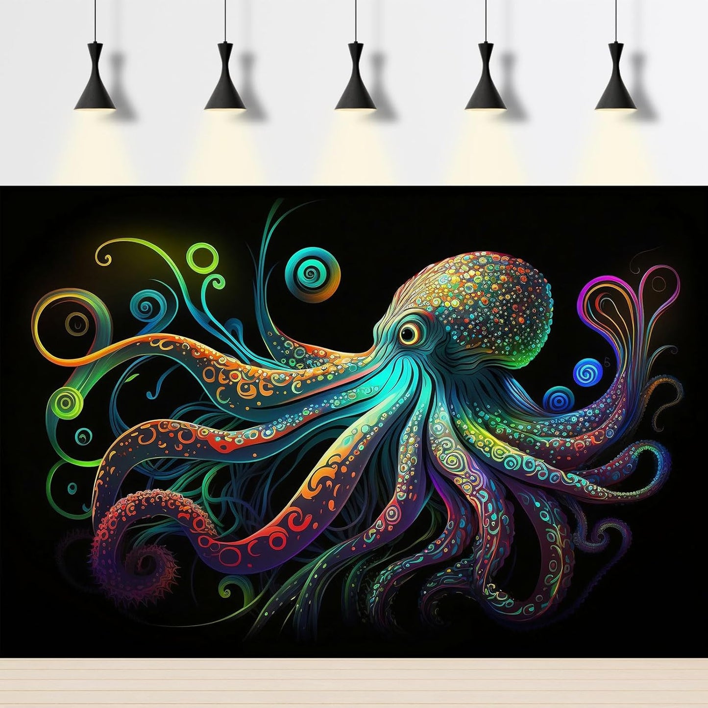 Octopus Aquarium Background Exquisite Colorful Octopus Terrarium Background Glowing Octopus on Black Background Fish Tank Backdrop Octopus Backdrops Poster Wallpaper Decorations Vinyl 48x24in