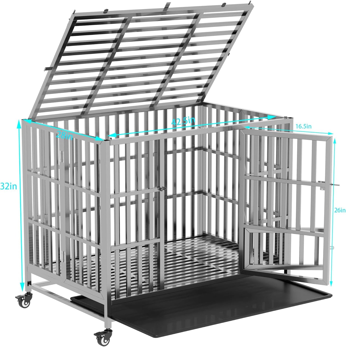 Collapsible Stainless Steel Dog Crate, 30" 37" 42" 48" Sizes, Lockable Wheel, with Tray, Stackable, Heavy Duty, Divider, Indoor and Outdoor (h-42in)