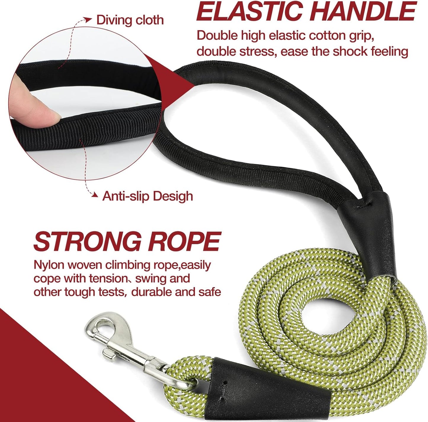 Green 4FT Dog Leash for Large Dogs Night Walking Reflective Heavy Duty Chew-Resistant Nylon Leash with Padded Handle and 360° Swivel Clip Strong for Medium to Large Breeds