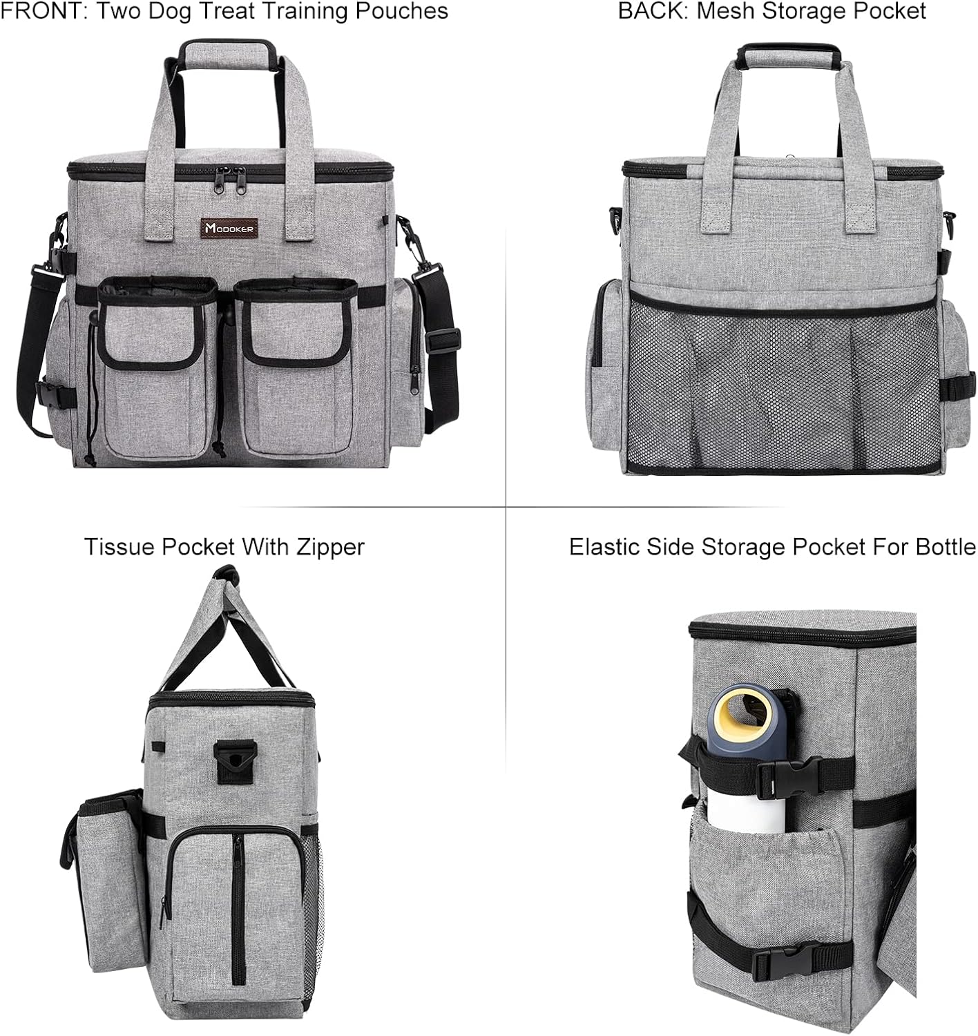 Airline Approved Dog Travel Bag with 2 Dog Treat Training Pouches, Tote Organizer for Weekend Pet Travel Supplies & Accessories, 2 Collapsible Bowls, 2 Food Container (Grey)