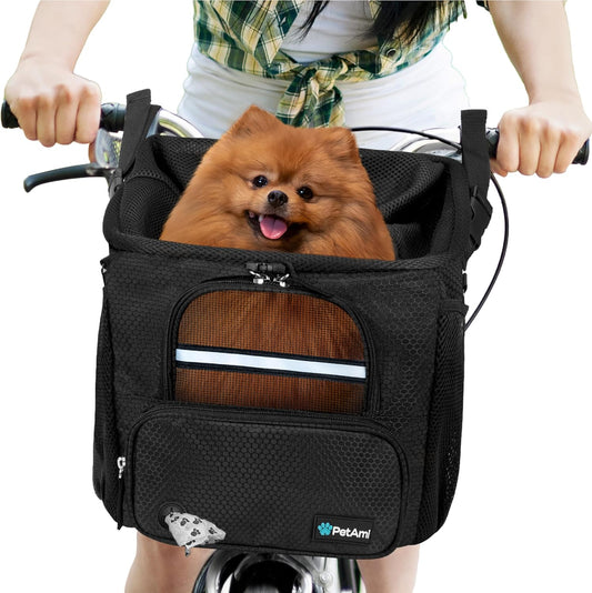 PetAmi Dog Bike Basket, Soft-Sided Ventilated Dog Bike Carrier Backpack, Pet Bicycle Basket for Bike Handlebar, Small Medium Puppy Cat Kitten Car Booster Seat with Safety Strap, Max 18 lbs, Black