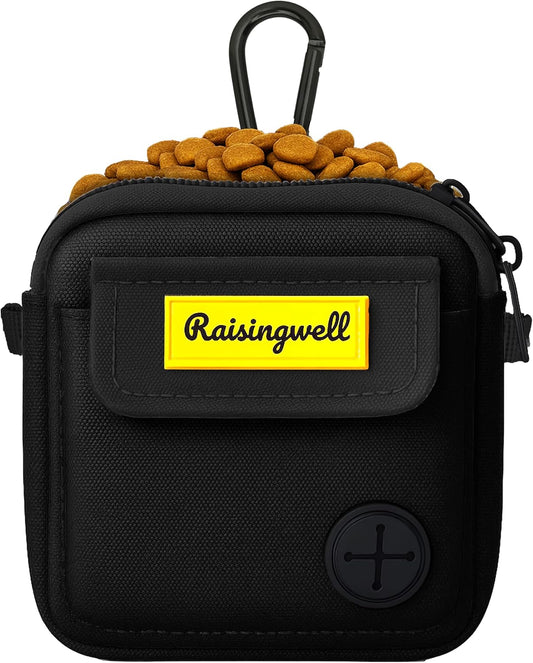 Dog Treat Pouch for Pet Walking and Training with Clicker, Poop Bags, and Three Bags Design Small Fanny Zipper Pack Holder for Puppy Snack Dispenser Kit for Leash and Outdoor Use (Black)