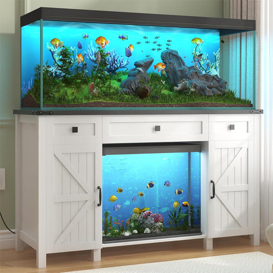 55-75 Gallon Aquarium Stand With Charging Station, Farmhouse Fish Tank Stand, Reptile Tank Stand Terrarium Stand with Drawer and Cabinet Storage, Sturdy Heavy Duty 53.5"×19.7" Tabletop - White