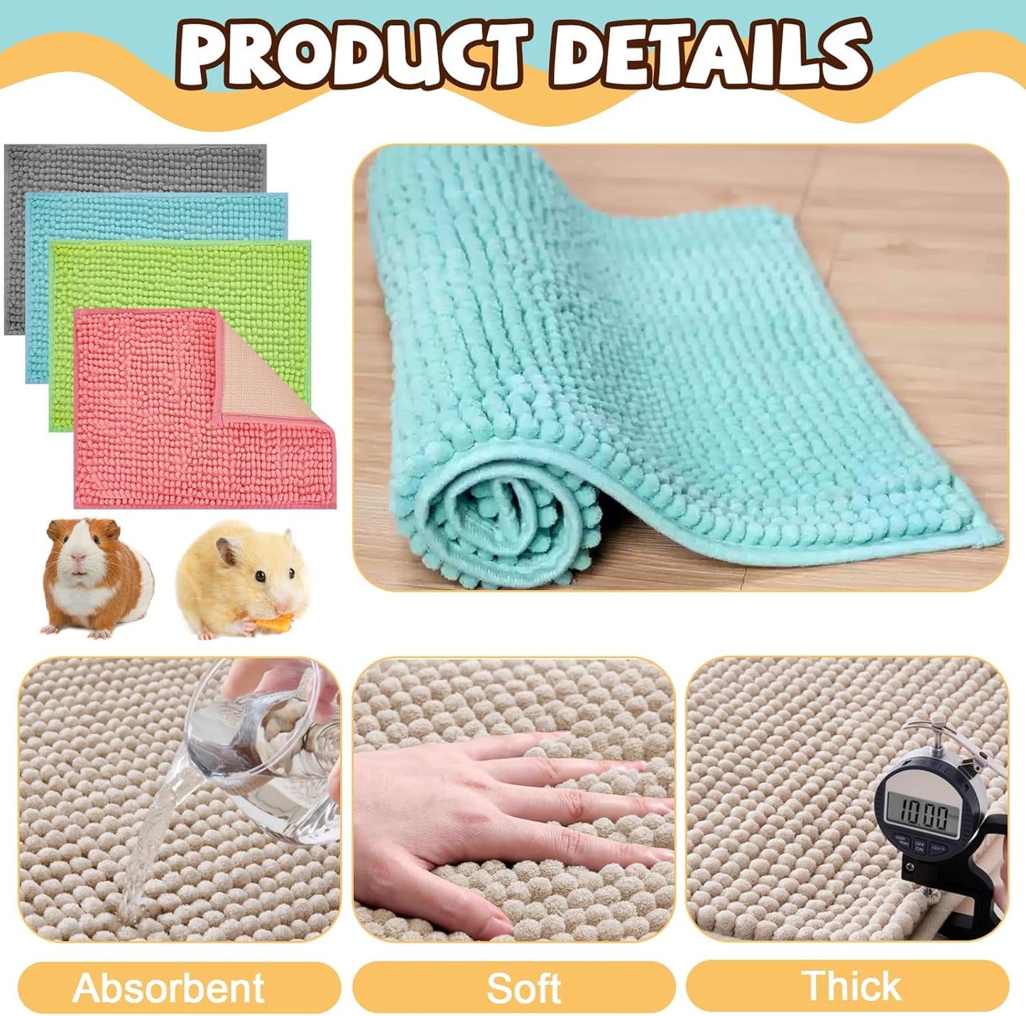 8 Pcs Guinea Pig Liner Washable Rabbit Cage Liner 16x12 Inch Guinea Pig Fleece Mats Reusable Bedding Pee Pads for Small Animals, Bunny (Gray, Green, Pink, Blue)