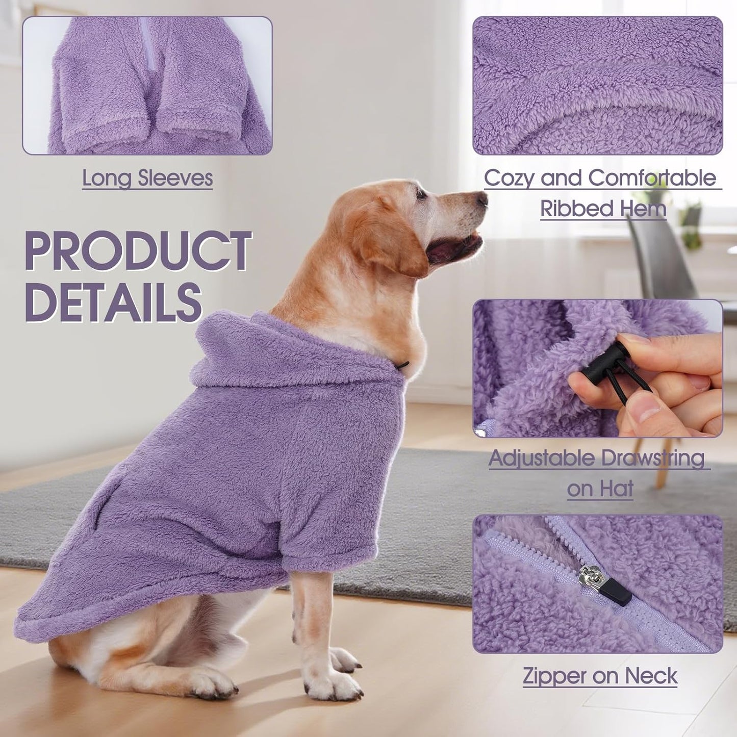 IDOMIK Fuzzy Dog Sweater with Adjustable Hood, Warm Fleece Dog Sweater Hoodie with Harness Hole & Pocket, Pullover Sweaters for Medium Dogs, Fuzzy Hooded Sweatshirt for Fall Winter Christmas,Purple,M