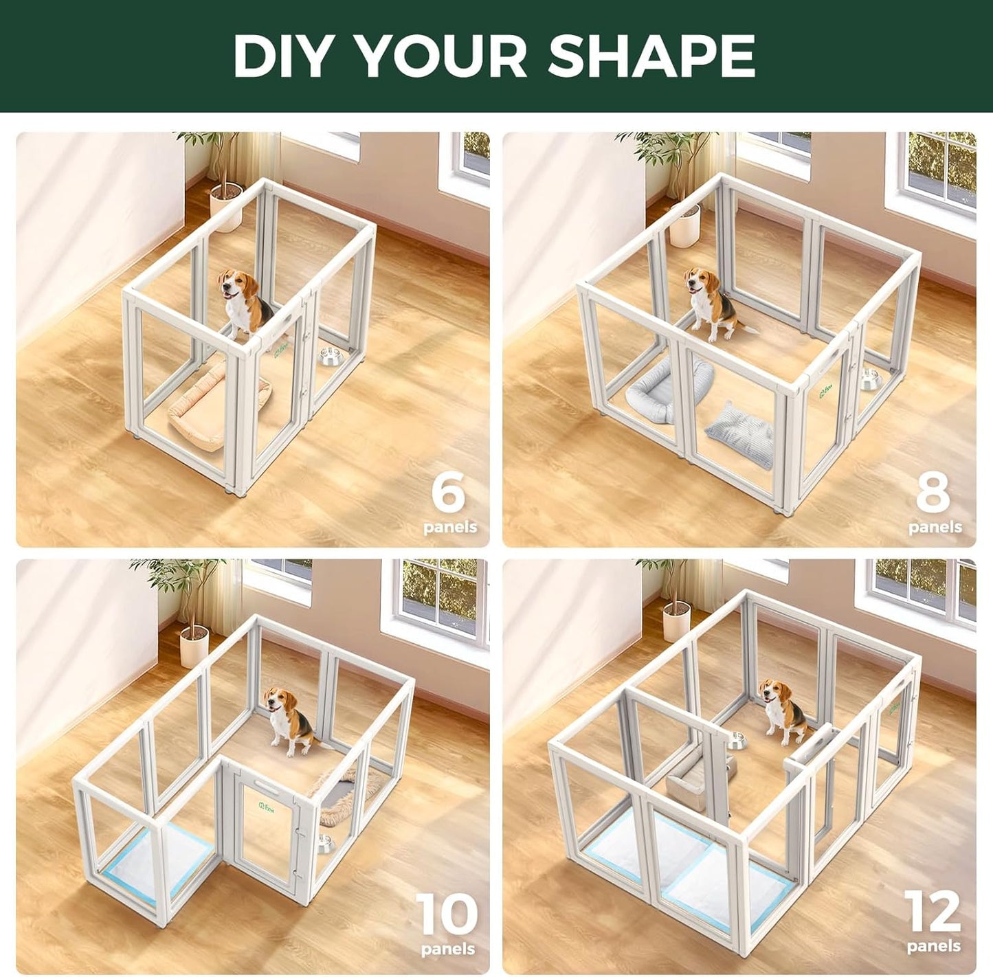 FXW AuraSpace Acrylic Indoor Unleashed Dog Playpen for Medium Dogs, 35 Inch, 8 Panels, White