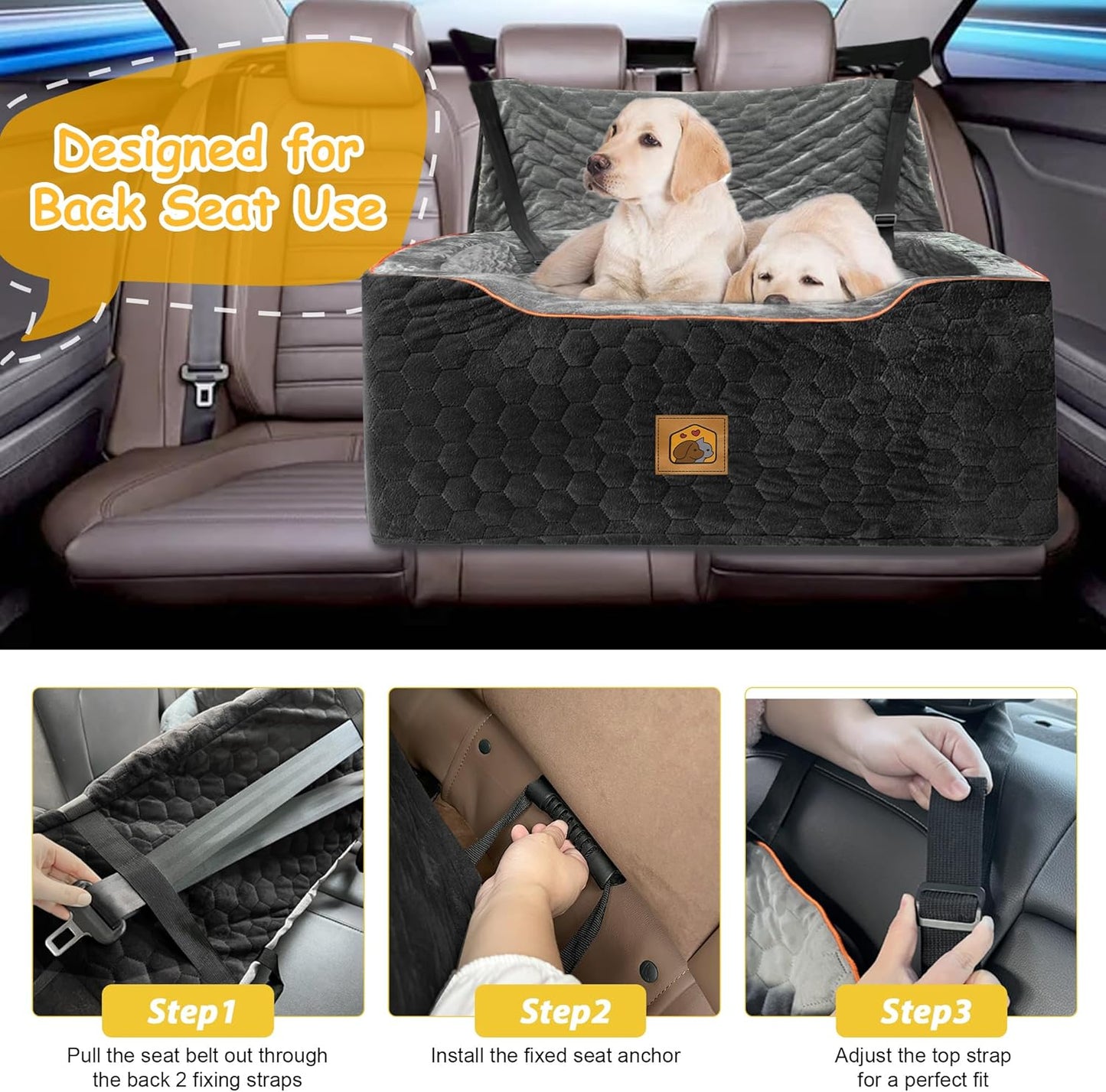 Dog Car Seat for Medium/Large Dog Booster Seat for Dogs Under 60 lbs or 2 Small Dogs, Multi-Functional Pet Car Seat with Thick Cushion, 2 Safety Leashes (BlackGray)